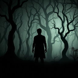 A shadowy silhouette standing in a dark and eerie forest