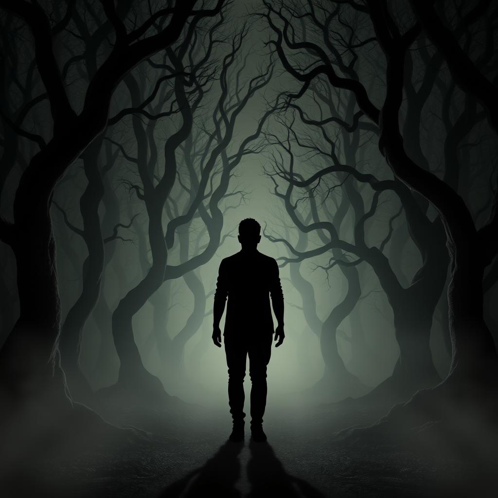 A shadowy silhouette standing in a dark and eerie forest