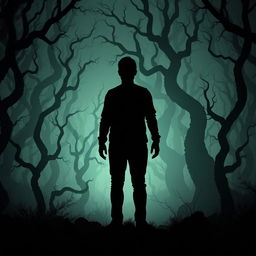 A shadowy silhouette standing in a dark and eerie forest