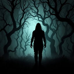 A shadowy silhouette standing in a dark and eerie forest