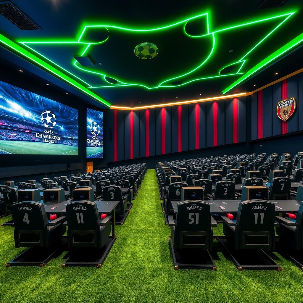 A UEFA Champions League-themed cinema hall featuring a giant digital screen and rows of seats separated by tables