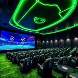 A UEFA Champions League-themed cinema hall featuring a giant digital screen and rows of seats separated by tables