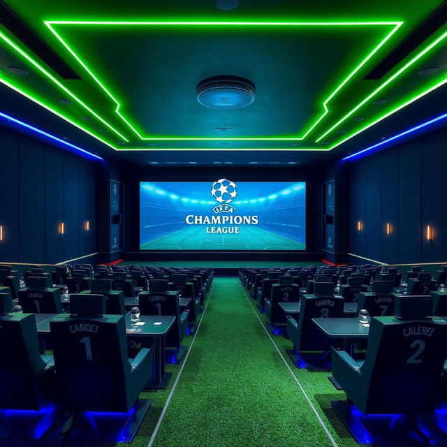 A UEFA Champions League-themed cinema hall featuring a giant digital screen and rows of seats separated by tables