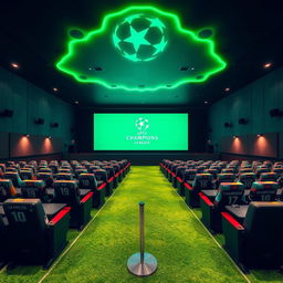 A UEFA Champions League-themed cinema hall featuring a giant digital screen and rows of seats separated by tables