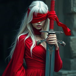 A woman with long white hair, partially covering her eyes with a red cloth, wearing a stunning red dress and holding a large, elegant sword