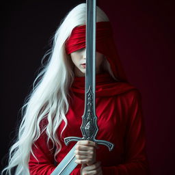 A woman with long white hair, partially covering her eyes with a red cloth, wearing a stunning red dress and holding a large, elegant sword