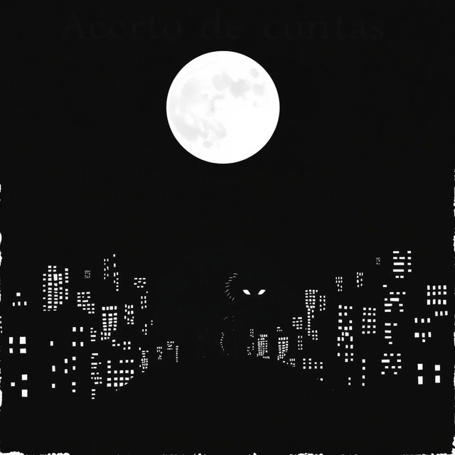 A cityscape at night under a full moon, featuring the silhouette of a wolf with glowing eyes stealthily moving