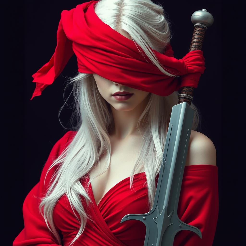 A woman with long white hair, partially covering her eyes with a red cloth, wearing a stunning red dress and holding a large, elegant sword