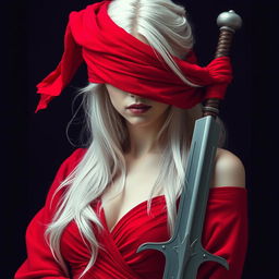 A woman with long white hair, partially covering her eyes with a red cloth, wearing a stunning red dress and holding a large, elegant sword