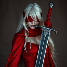 A woman with long white hair, partially covering her eyes with a red cloth, wearing a stunning red dress and holding a large, elegant sword