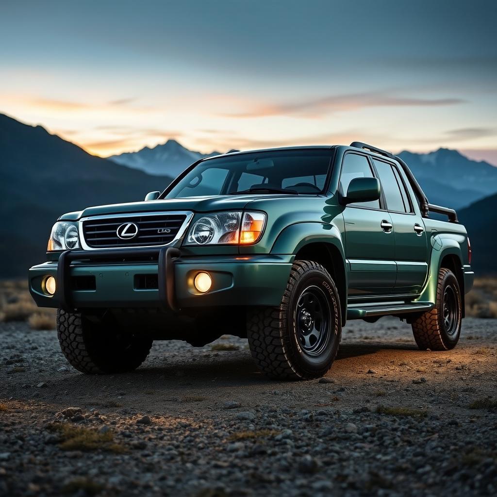 A rugged off-road pickup truck featuring the distinctive lights of a 2000-2005 Lexus LX470