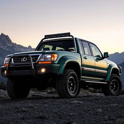 A rugged off-road pickup truck featuring the distinctive lights of a 2000-2005 Lexus LX470