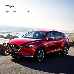 A sleek and stylish Mazda CX-7 parked on a scenic coastal road, surrounded by a stunning ocean view