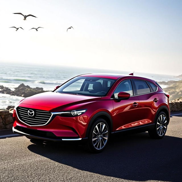 A sleek and stylish Mazda CX-7 parked on a scenic coastal road, surrounded by a stunning ocean view