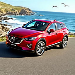 A sleek and stylish Mazda CX-7 parked on a scenic coastal road, surrounded by a stunning ocean view