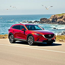 A sleek and stylish Mazda CX-7 parked on a scenic coastal road, surrounded by a stunning ocean view