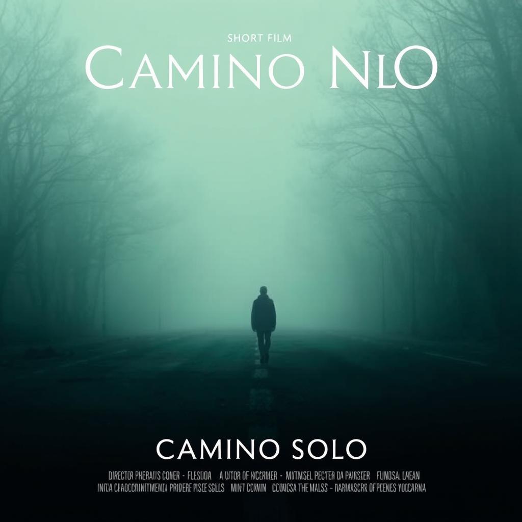 Create a movie poster for a short film titled "Camino Solo" featuring a solitary protagonist