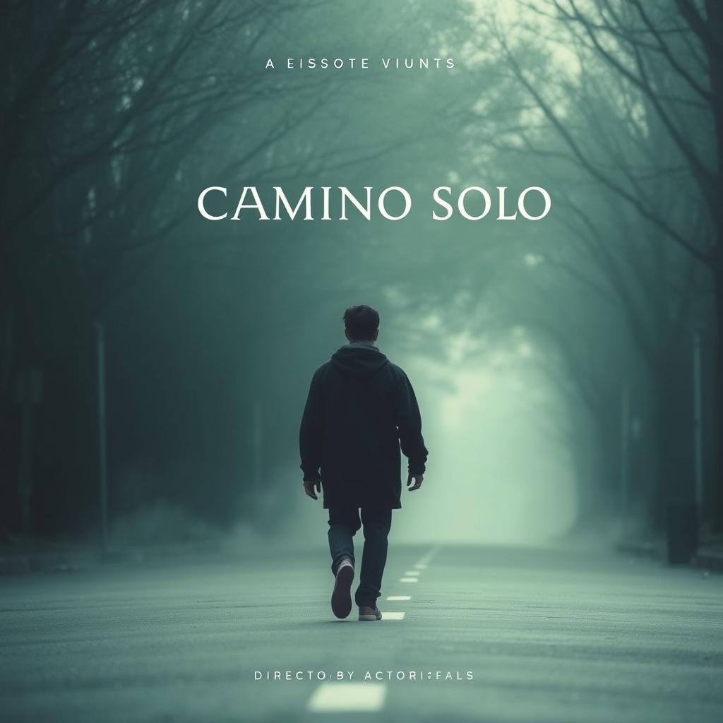 Create a movie poster for a short film titled "Camino Solo" featuring a solitary protagonist