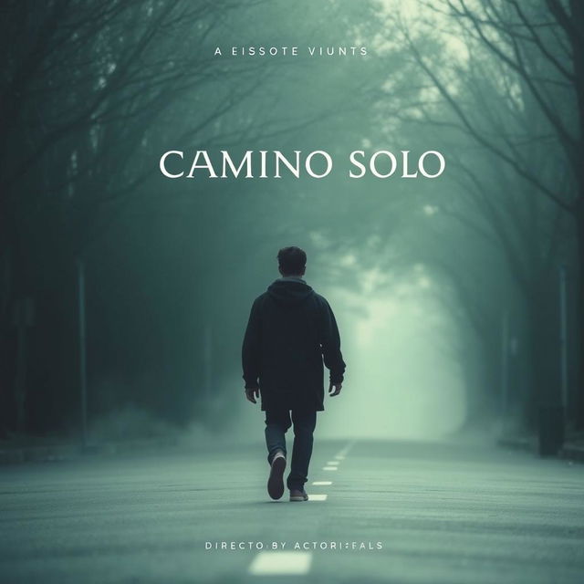 Create a movie poster for a short film titled "Camino Solo" featuring a solitary protagonist