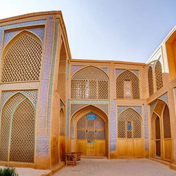 Traditional Persian house with old Iranian architecture located in Yazd, embodied by sun-baked brick walls, wind towers, and stunning stained glass windows.