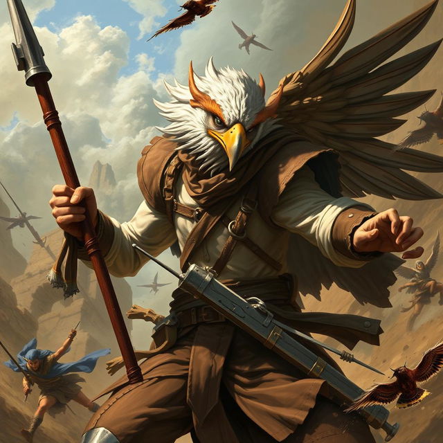 A dynamic scene featuring an Aracocra eagle folk gentleman, both a scientist explorer and a fierce warrior in a fighting rage