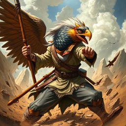 A dynamic scene featuring an Aracocra eagle folk gentleman, both a scientist explorer and a fierce warrior in a fighting rage