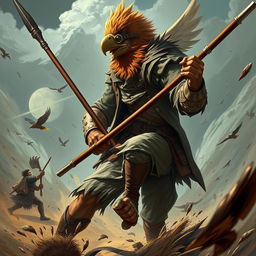 A dynamic scene featuring an Aracocra eagle folk gentleman, both a scientist explorer and a fierce warrior in a fighting rage