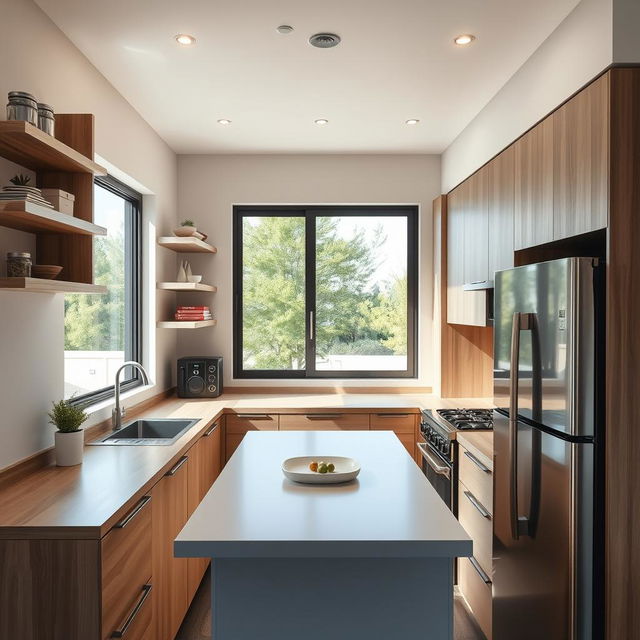 A beautifully designed kitchen in a compact space measuring 3x2 meters, featuring a sink, cooking stove, and refrigerator