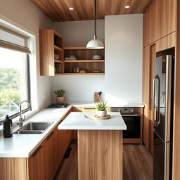 A beautifully designed kitchen in a compact space measuring 3x2 meters, featuring a sink, cooking stove, and refrigerator