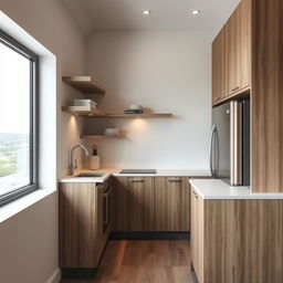 A beautifully designed kitchen in a compact space measuring 3x2 meters, featuring a sink, cooking stove, and refrigerator