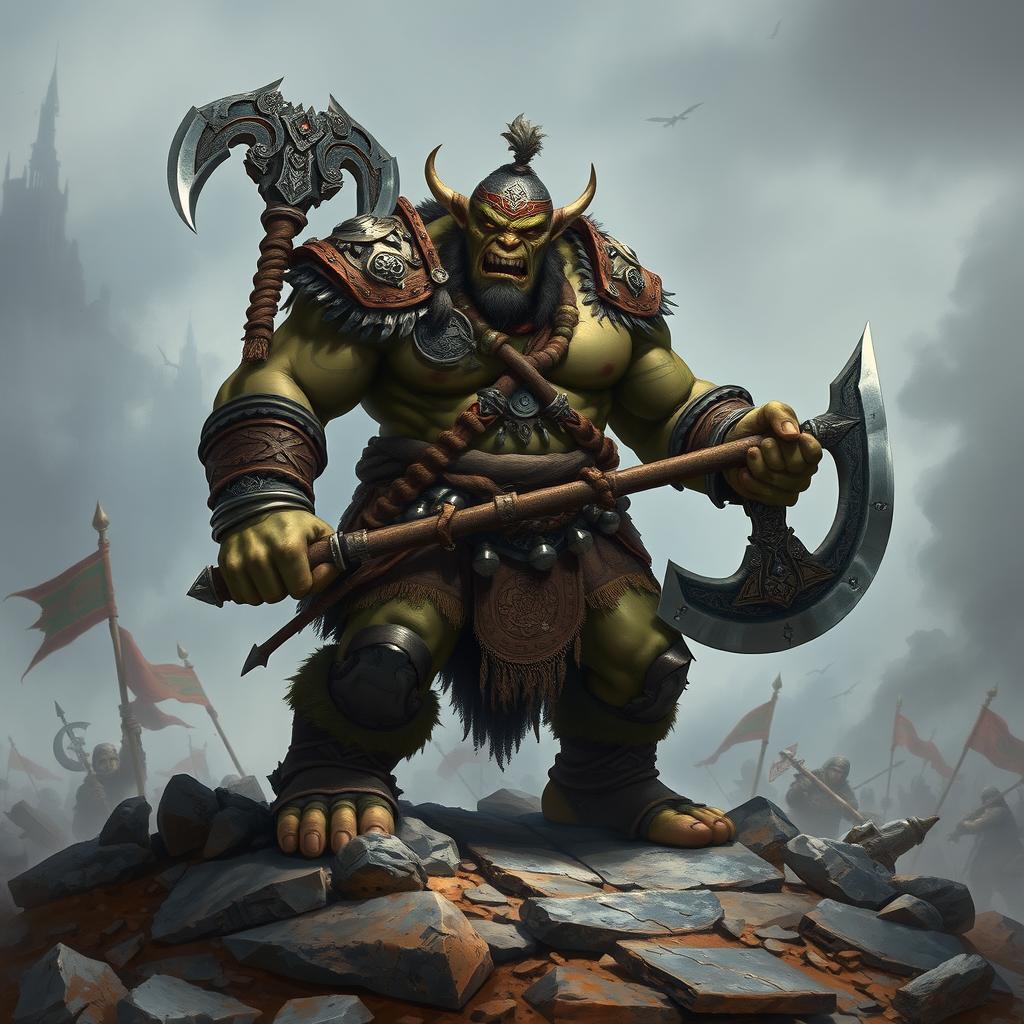 A fierce and powerful warrior orc standing on a rocky battlefield, showcasing mighty muscles and wearing battle gear adorned with tribal symbols