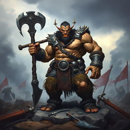 A fierce and powerful warrior orc standing on a rocky battlefield, showcasing mighty muscles and wearing battle gear adorned with tribal symbols