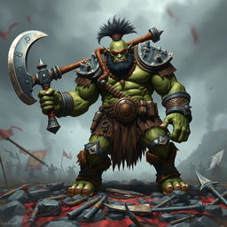 A fierce and powerful warrior orc standing on a rocky battlefield, showcasing mighty muscles and wearing battle gear adorned with tribal symbols