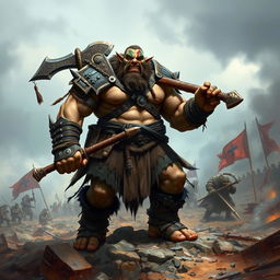 A fierce and powerful warrior orc standing on a rocky battlefield, showcasing mighty muscles and wearing battle gear adorned with tribal symbols