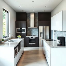 A modern kitchen design featuring a window on the north wall, allowing ample natural light to illuminate the space