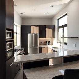 A modern kitchen design featuring a window on the north wall, allowing ample natural light to illuminate the space