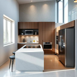 A modern kitchen design featuring a window on the north wall, allowing ample natural light to illuminate the space