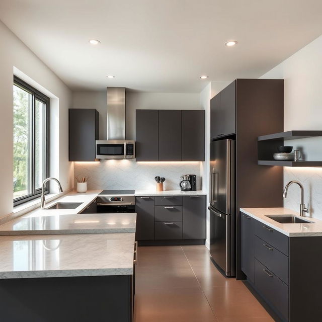 A modern kitchen design featuring a window on the north wall, allowing ample natural light to illuminate the space