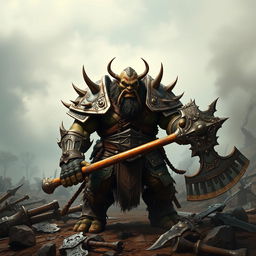 A fierce and powerful orc warrior clad in heavy, intricately designed armor that gleams in the low light, standing on a rocky battlefield