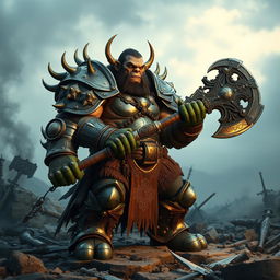 A fierce and powerful orc warrior clad in heavy, intricately designed armor that gleams in the low light, standing on a rocky battlefield