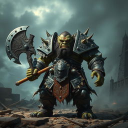 A fierce and powerful orc warrior clad in heavy, intricately designed armor that gleams in the low light, standing on a rocky battlefield