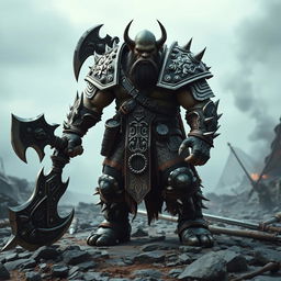 A fierce and powerful orc warrior clad in heavy, intricately designed armor that gleams in the low light, standing on a rocky battlefield