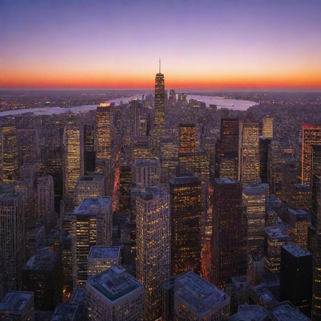 A dazzling cityscape at sunset, with skyscrapers of varying heights casting long shadows and the sky aglow with hues of red, orange, and purple.