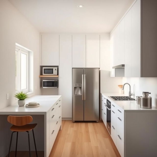 A modern kitchen design with a window on the north side, filling the space with natural light