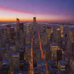 A dazzling cityscape at sunset, with skyscrapers of varying heights casting long shadows and the sky aglow with hues of red, orange, and purple.