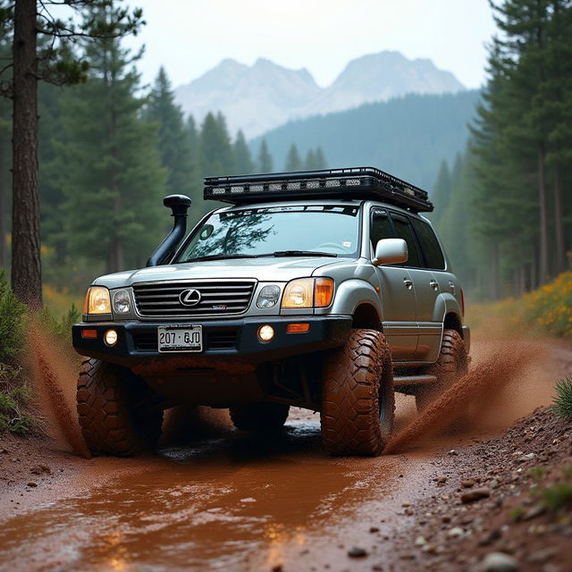 A rugged off-road scene featuring a modified Lexus LX470 from the 2000-2005 model years