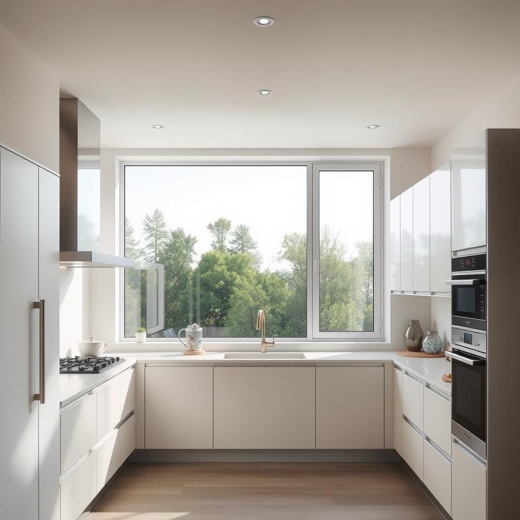 A modern kitchen design featuring a large window on the north wall, allowing for abundant natural light and a bright, airy atmosphere