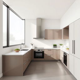 A modern kitchen design featuring a large window on the north wall, allowing for abundant natural light and a bright, airy atmosphere