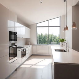 A modern kitchen design featuring a large window on the north wall, allowing for abundant natural light and a bright, airy atmosphere