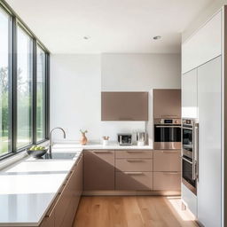 A modern kitchen design featuring a large window on the north wall, allowing for abundant natural light and a bright, airy atmosphere